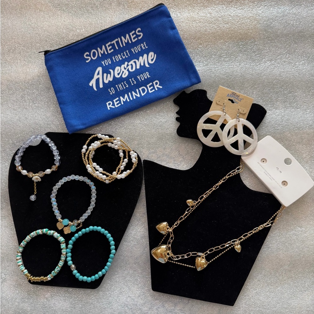 Chic Gold and White Peace Earrings bracelets and gold necklaces